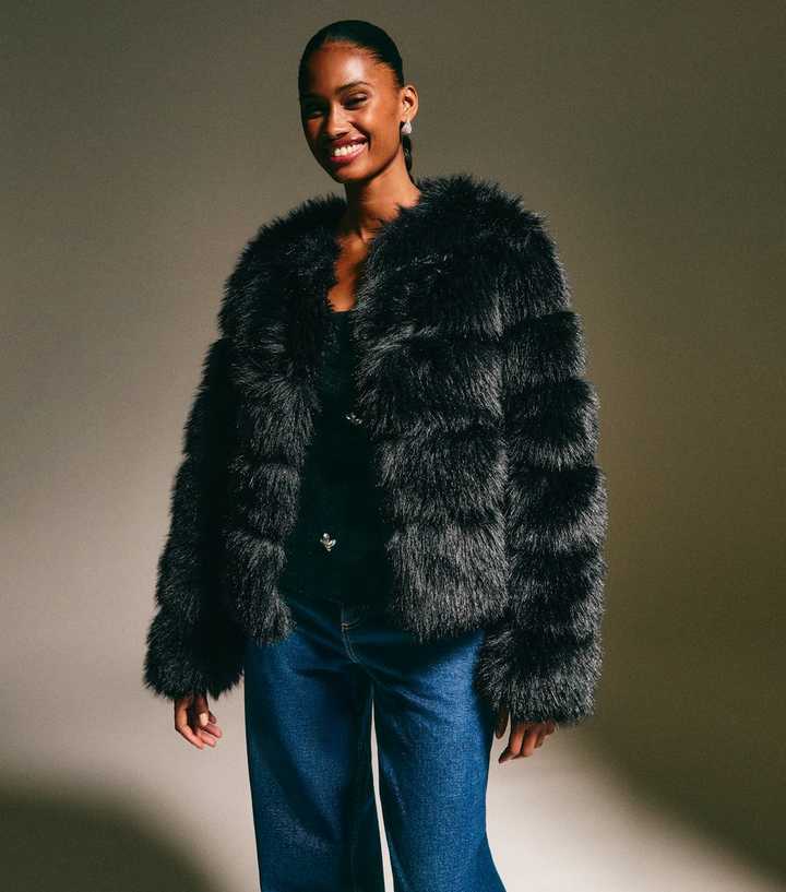 Black Panelled Faux Fur Jacket