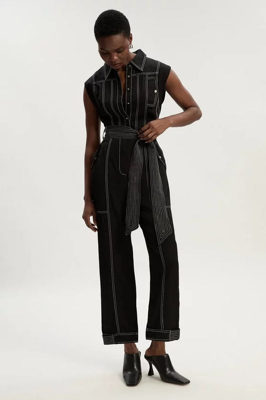 Premium Linen Twill Topstitch Woven Jumpsuit