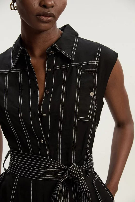 Premium Linen Twill Topstitch Woven Jumpsuit