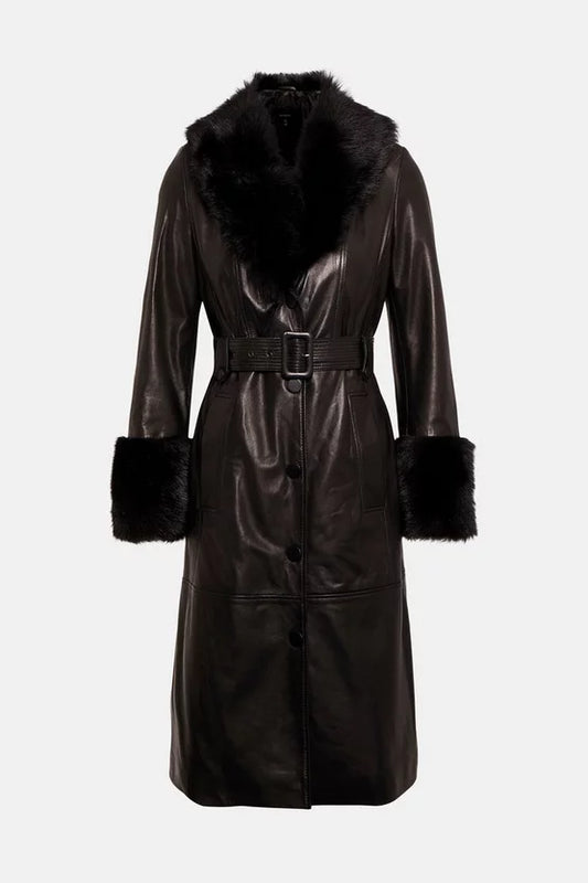Shearling Cuff And Collar Leather Coat