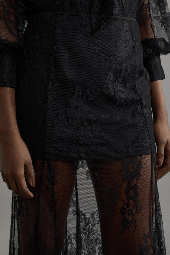 Sheer Lace Godet Woven Maxi Skirt