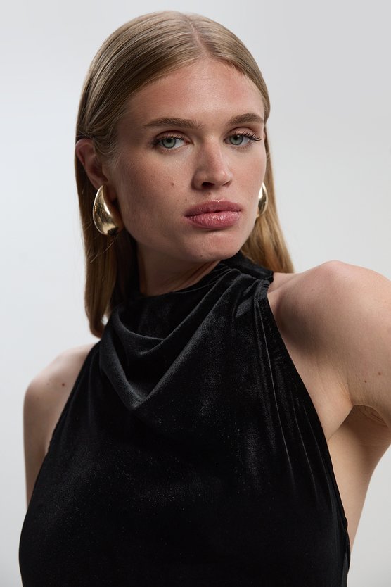 Stretch Velvet High Neck Cape Shoulder Bodysuit