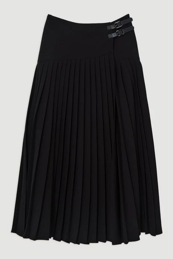 Tailored Crepe Pleated Buckle Detailed Maxi Skirt