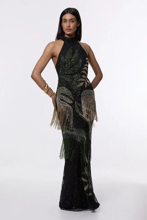 Tropical Beaded Strappy Back Woven Halter Maxi Dress
