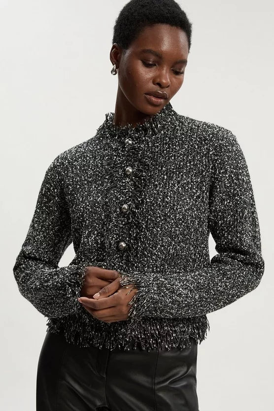 Tweed Yarn Fringe Detail Knitted Cardi