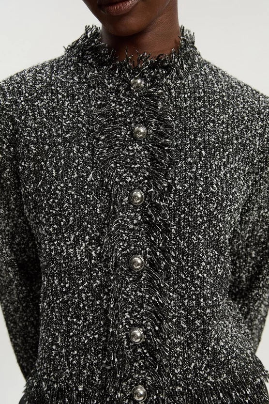 Tweed Yarn Fringe Detail Knitted Cardi