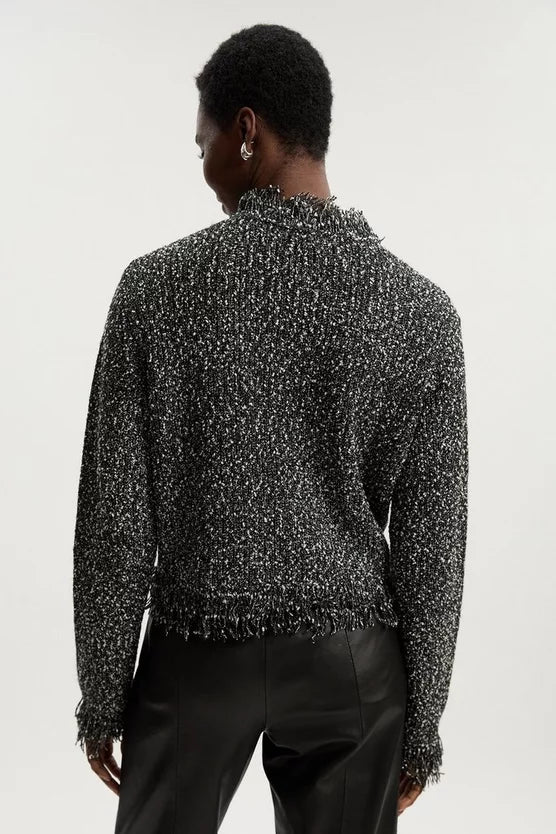 Tweed Yarn Fringe Detail Knitted Cardi