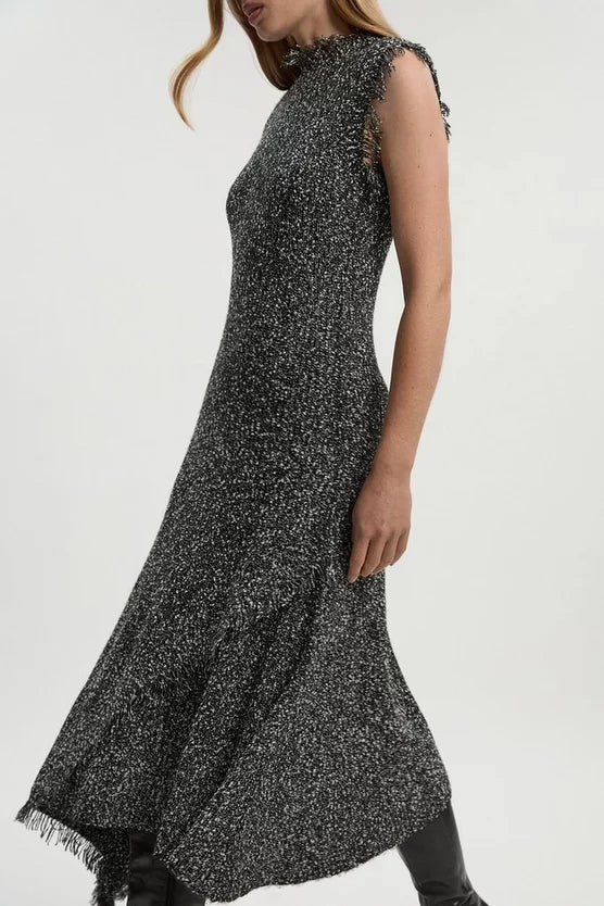 Tweed Yarn Fringe Trim Knitted Dress
