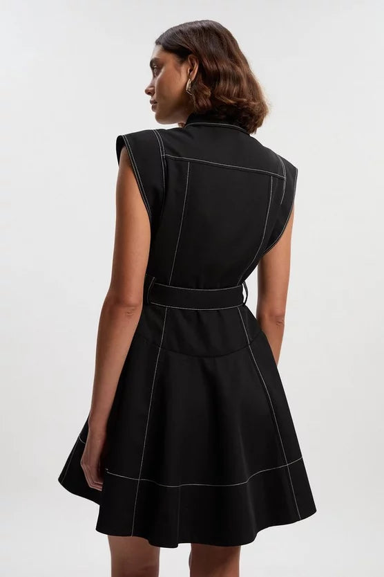 Twill Contrast Hardware High Neck Woven Midi Dress