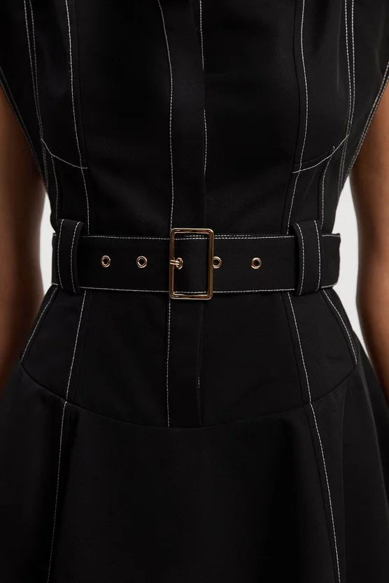 Twill Contrast Hardware High Neck Woven Midi Dress