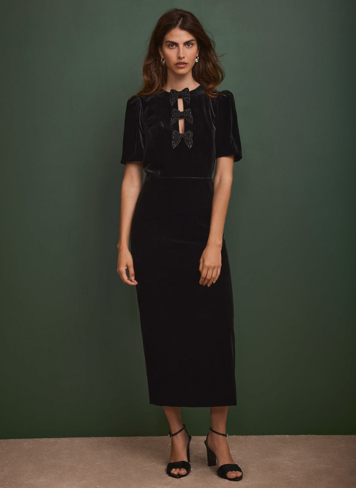 Black Velvet Bow Midi Dress