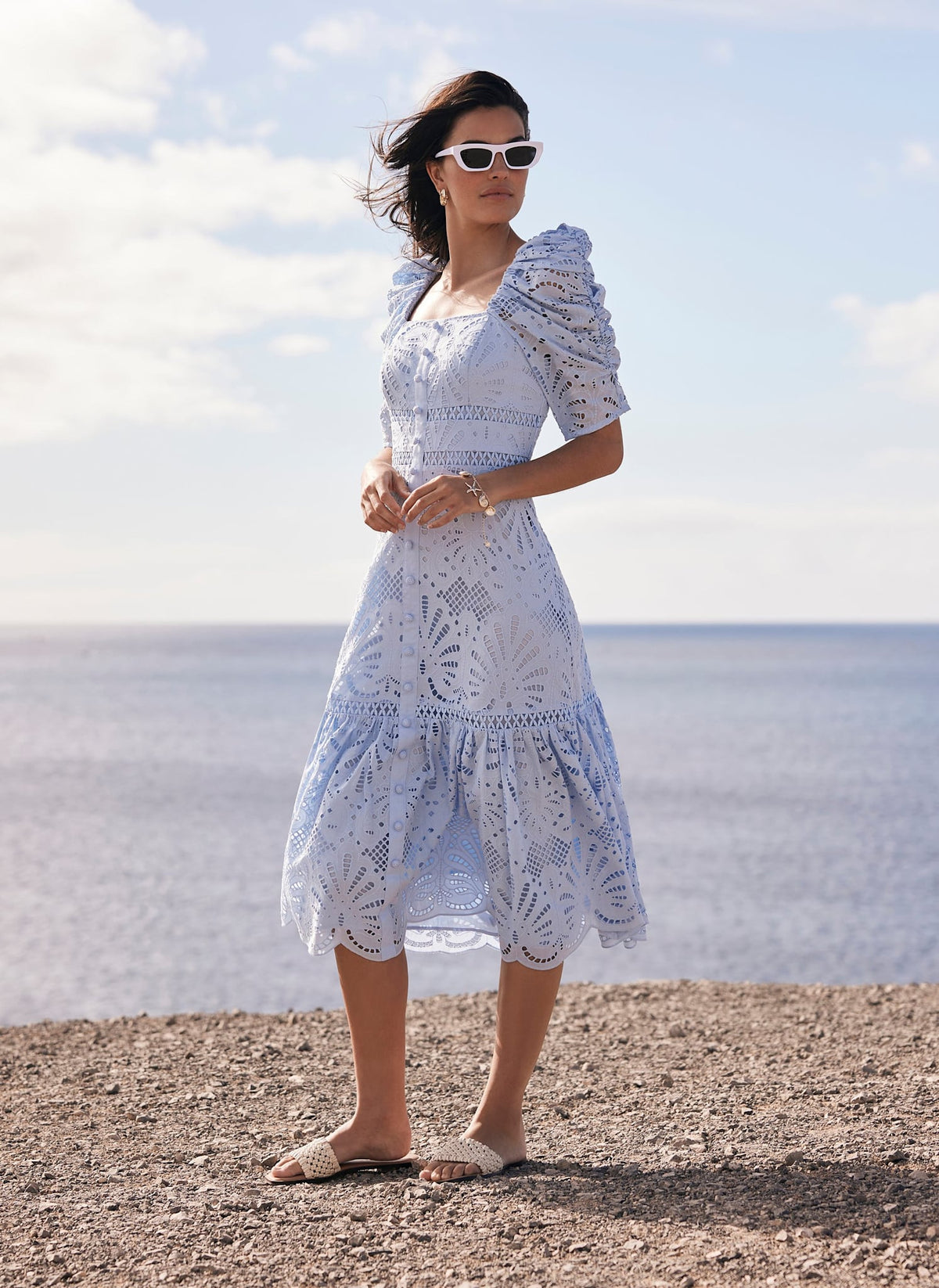 Blue Broderie Midi Dress
