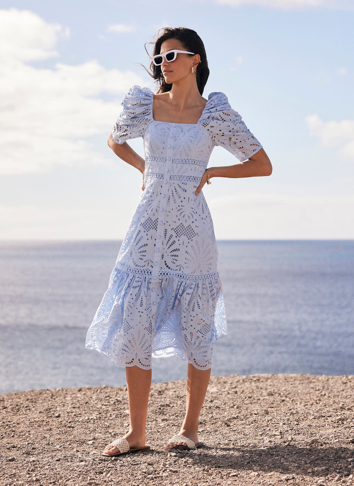 Blue Broderie Midi Dress