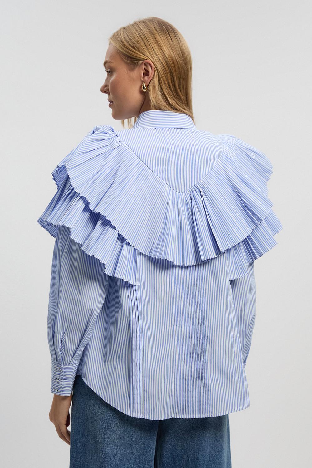 Cotton Poplin Stripe Ruffle Detail Long Sleeve Woven Collared Shirt