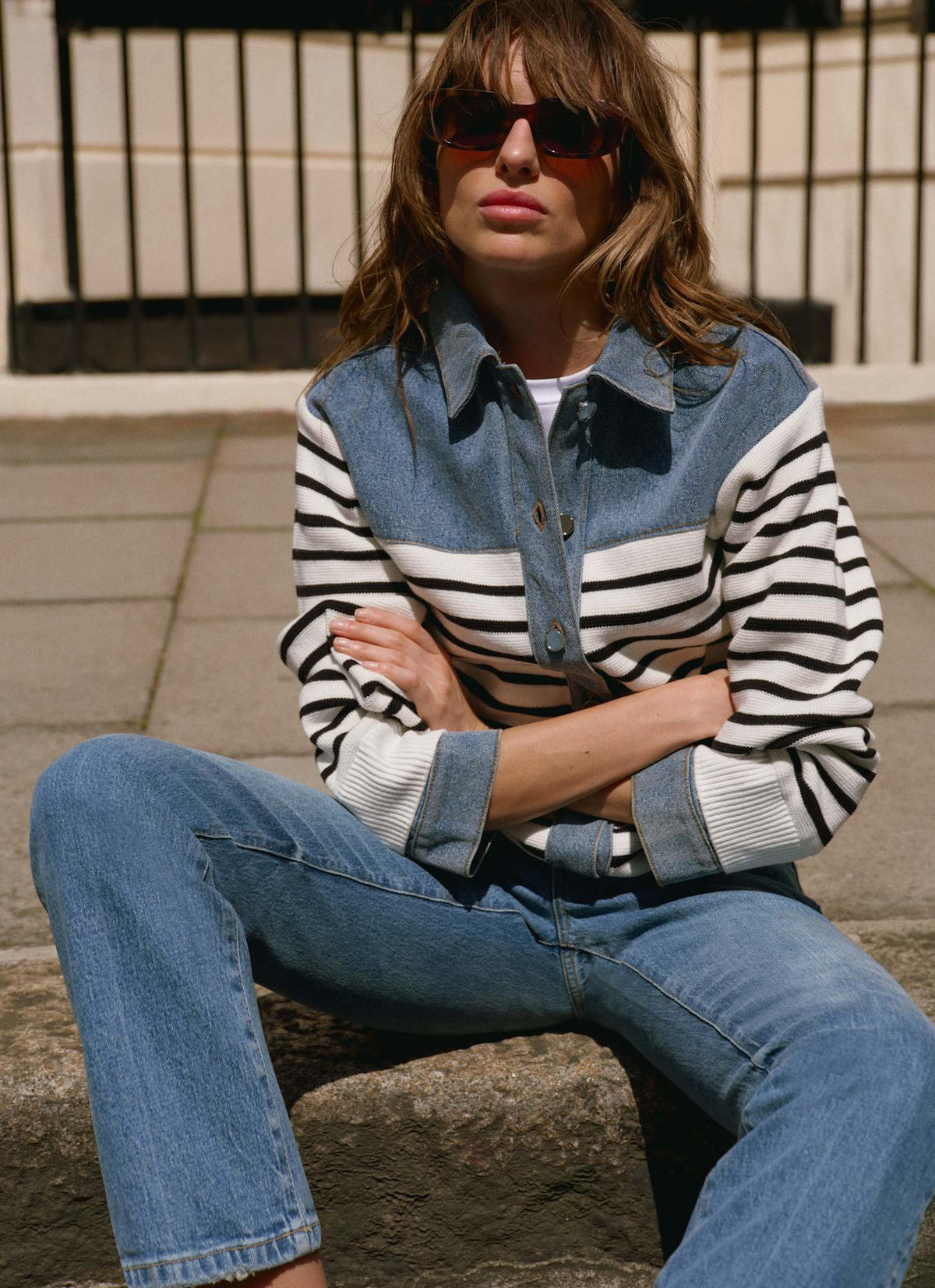 Blue Denim Striped Knit Jacket