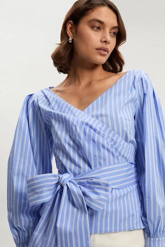 Stripe Cotton Poplin Cold Shoulder Woven Wrap Detail Blouse