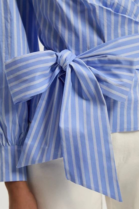 Stripe Cotton Poplin Cold Shoulder Woven Wrap Detail Blouse