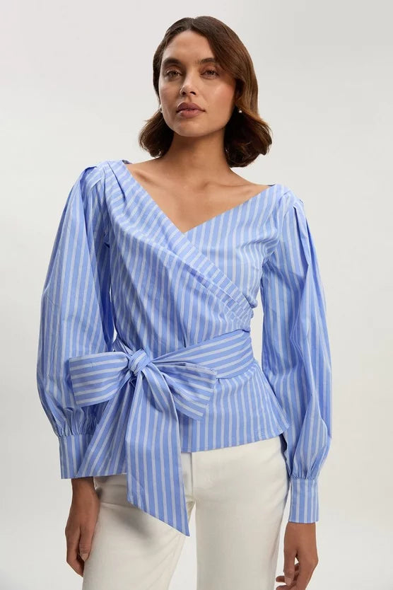 Stripe Cotton Poplin Cold Shoulder Woven Wrap Detail Blouse