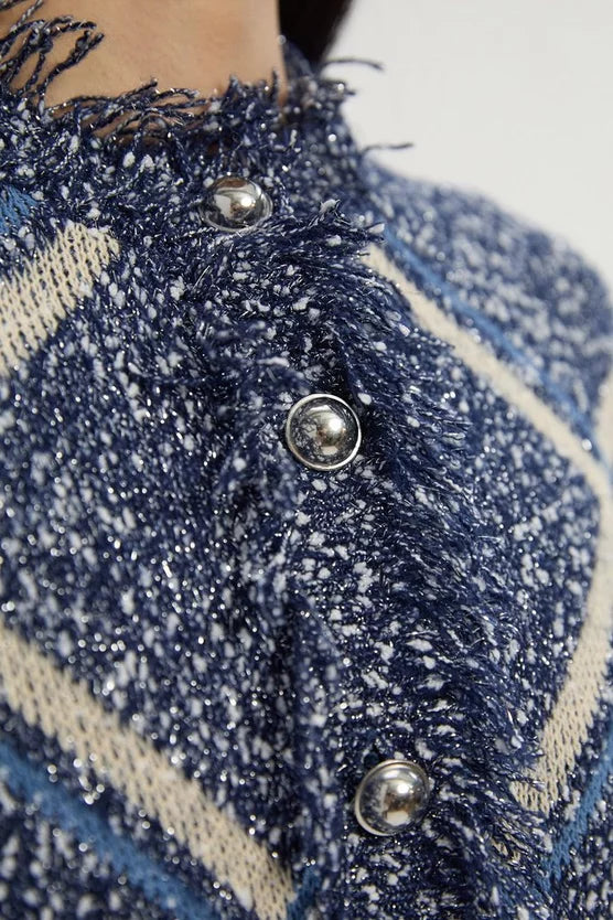 Tweed Yarn Fringe Detail Knitted Cardi