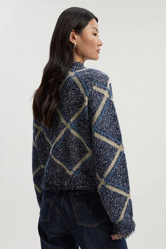 Tweed Yarn Fringe Detail Knitted Cardi