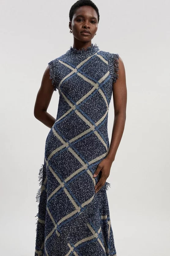 Tweed Yarn Fringe Trim Knitted Dress