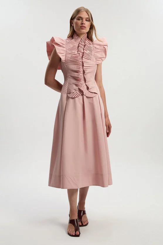 Pleated Ruffle Sleeve Woven Maxi Dress