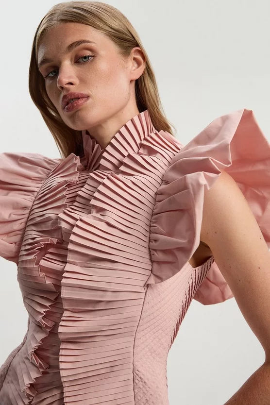 Pleated Ruffle Sleeve Woven Maxi Dress