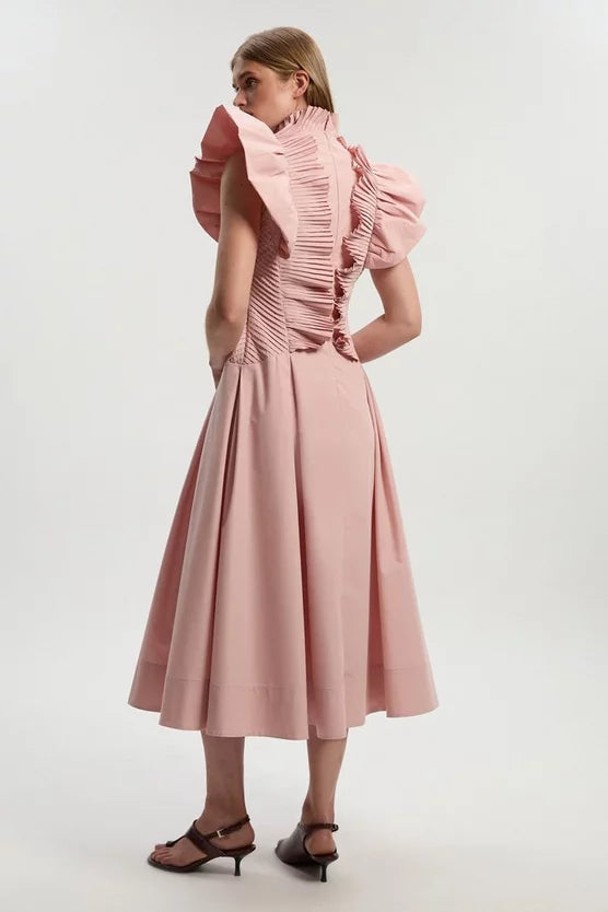 Pleated Ruffle Sleeve Woven Maxi Dress