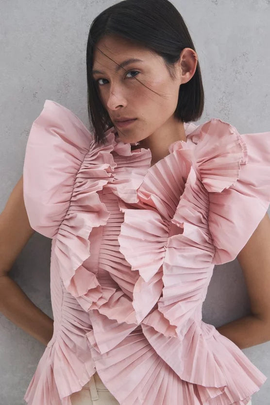 Pleated Ruffle Sleeve Woven Top
