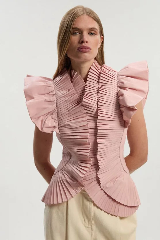 Pleated Ruffle Sleeve Woven Top