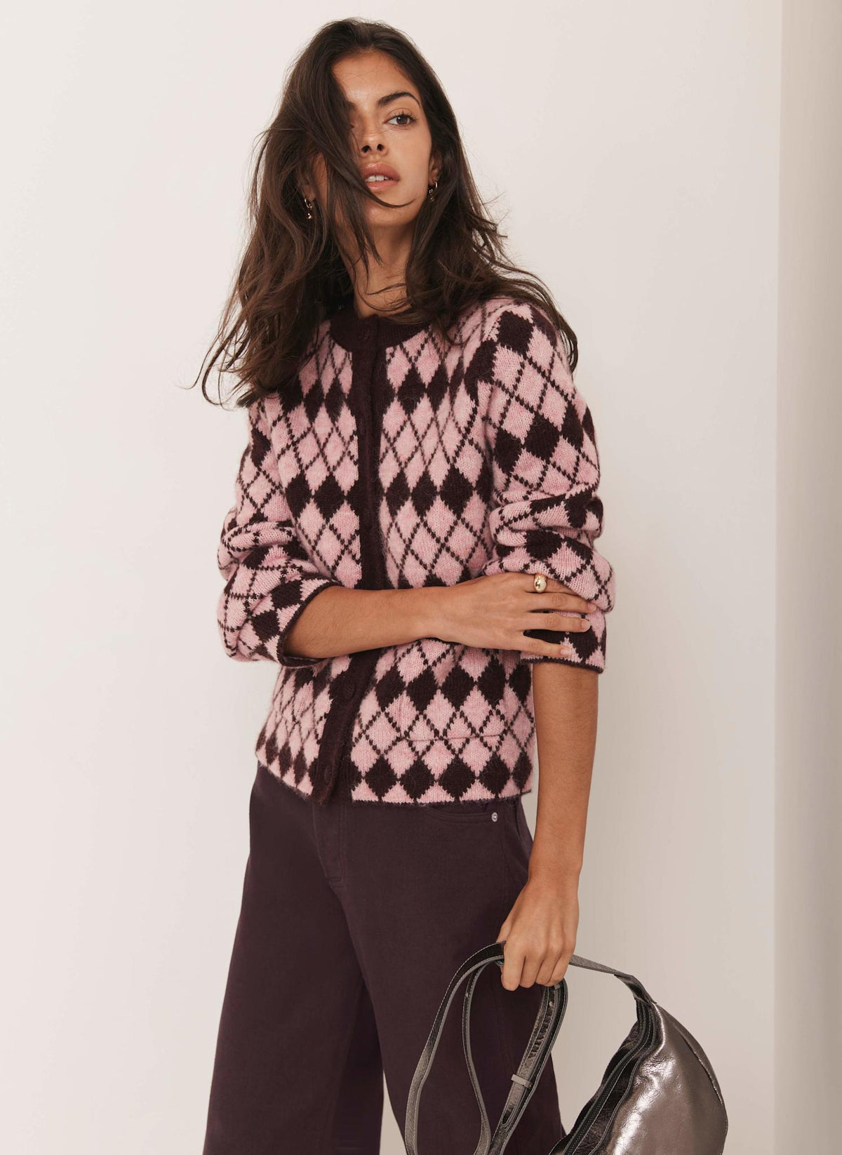 Burgundy Wool Blend Argyle Knit Cardigan