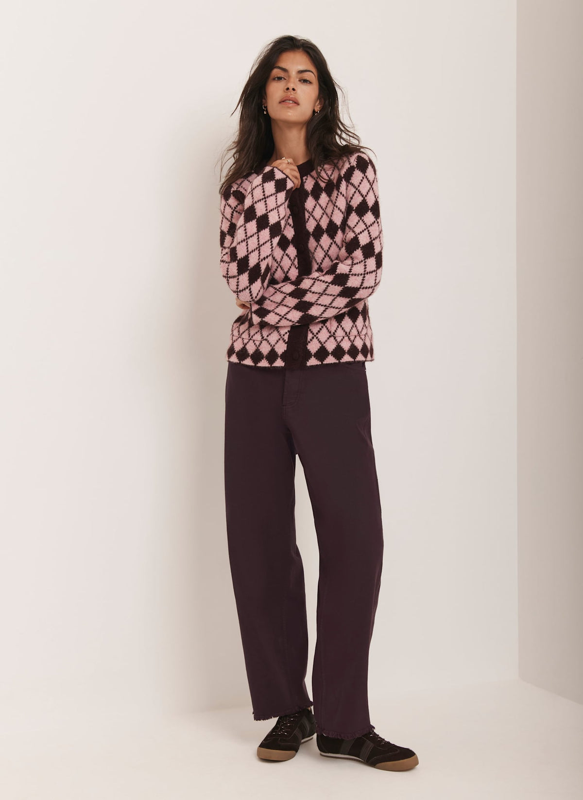 Burgundy Wool Blend Argyle Knit Cardigan