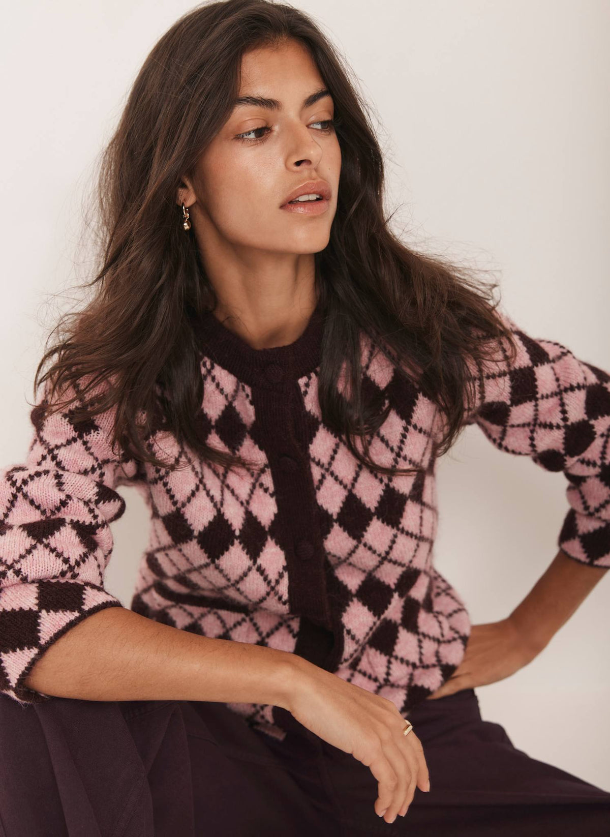 Burgundy Wool Blend Argyle Knit Cardigan
