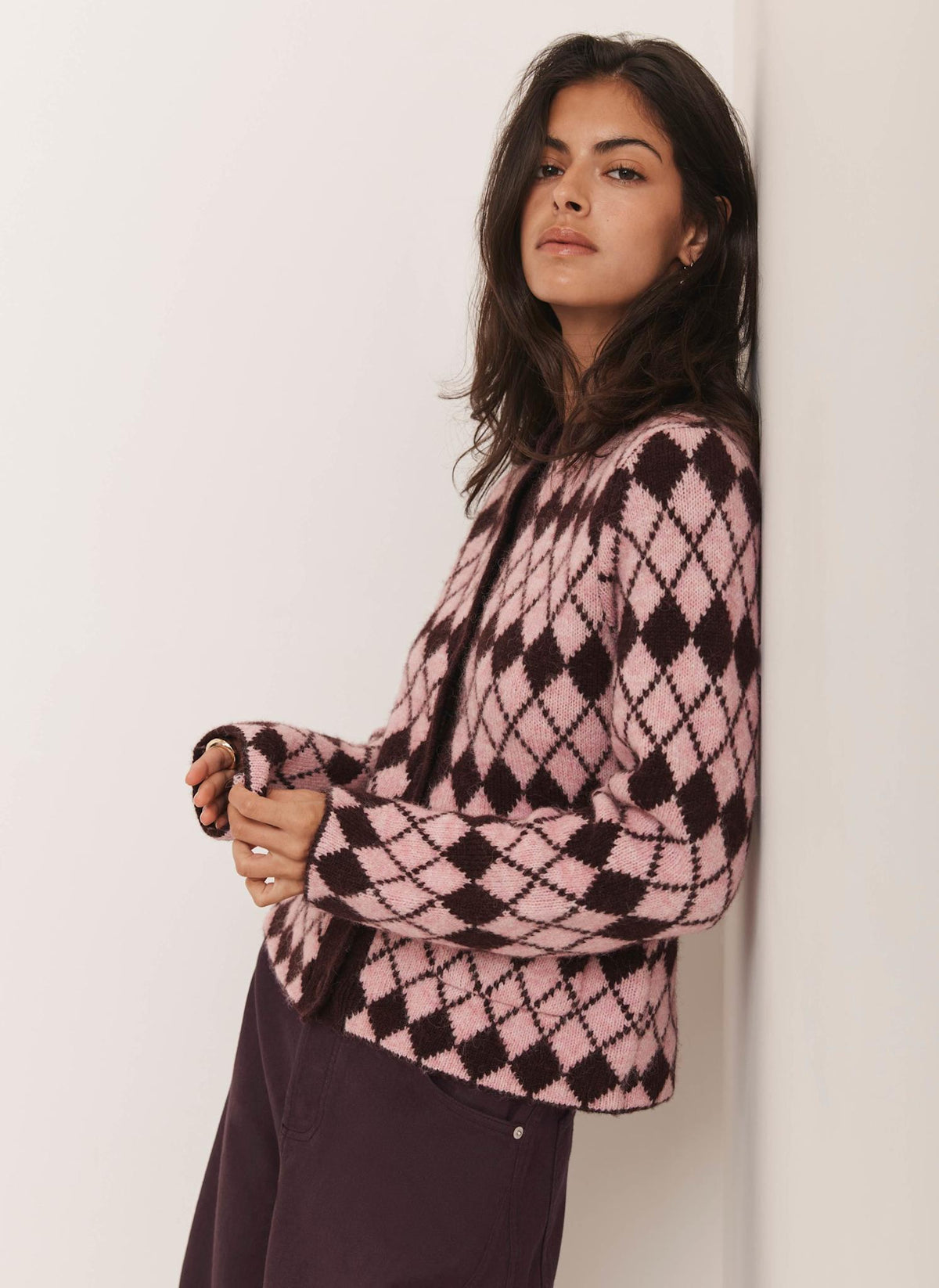 Burgundy Wool Blend Argyle Knit Cardigan