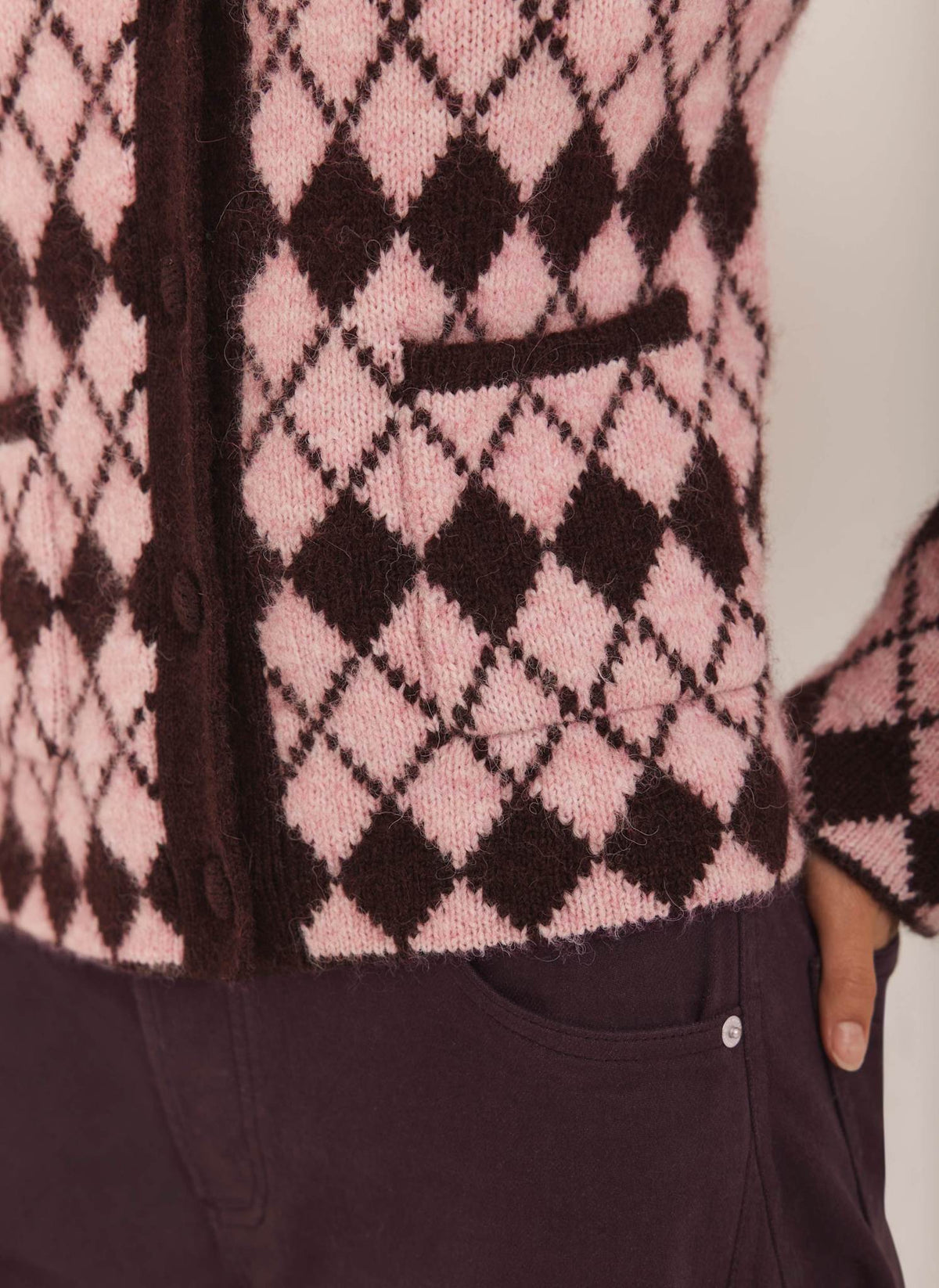 Burgundy Wool Blend Argyle Knit Cardigan