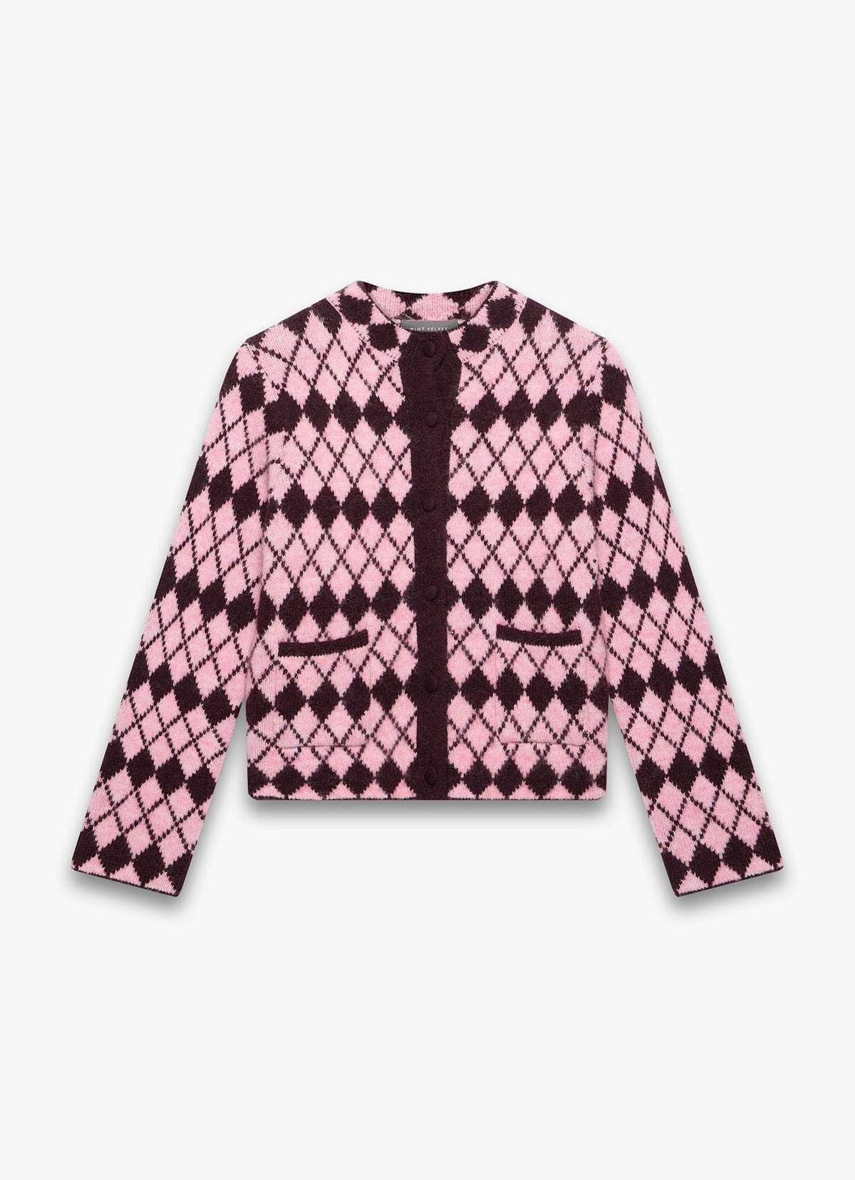 Burgundy Wool Blend Argyle Knit Cardigan