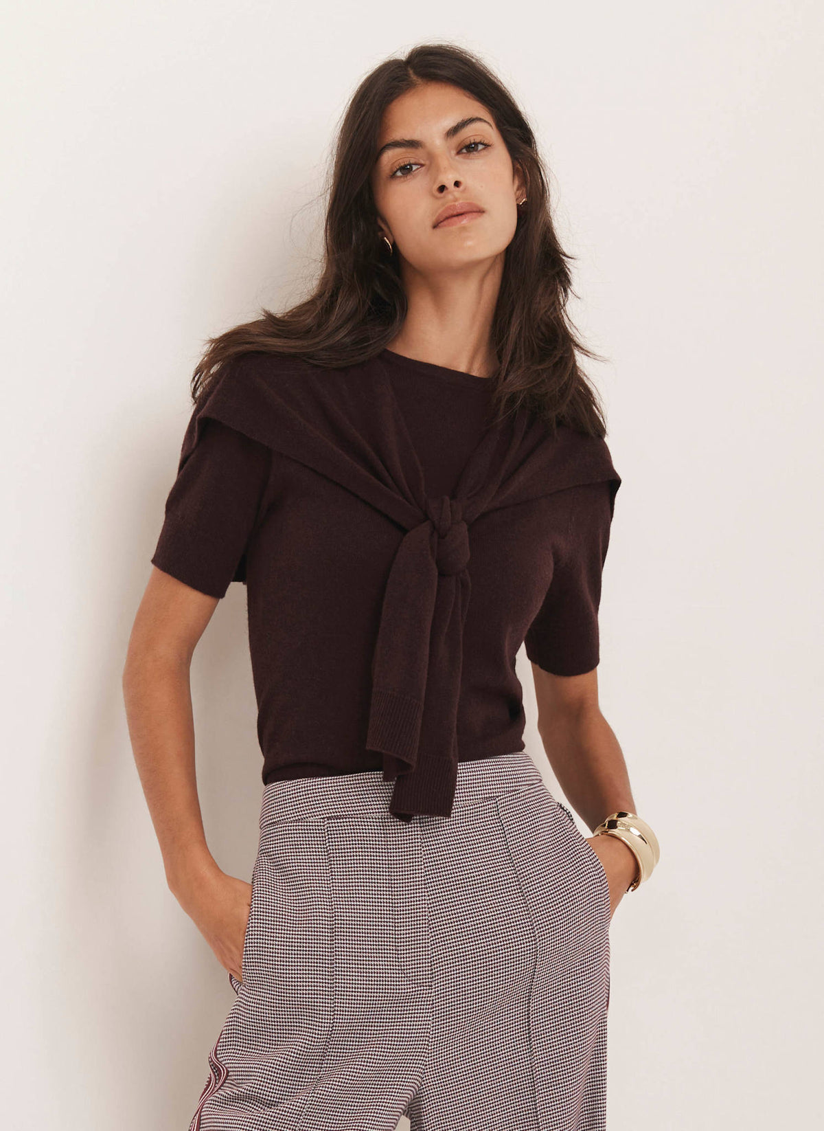 Burgundy Cotton Blend Scarf Detail Knit Top