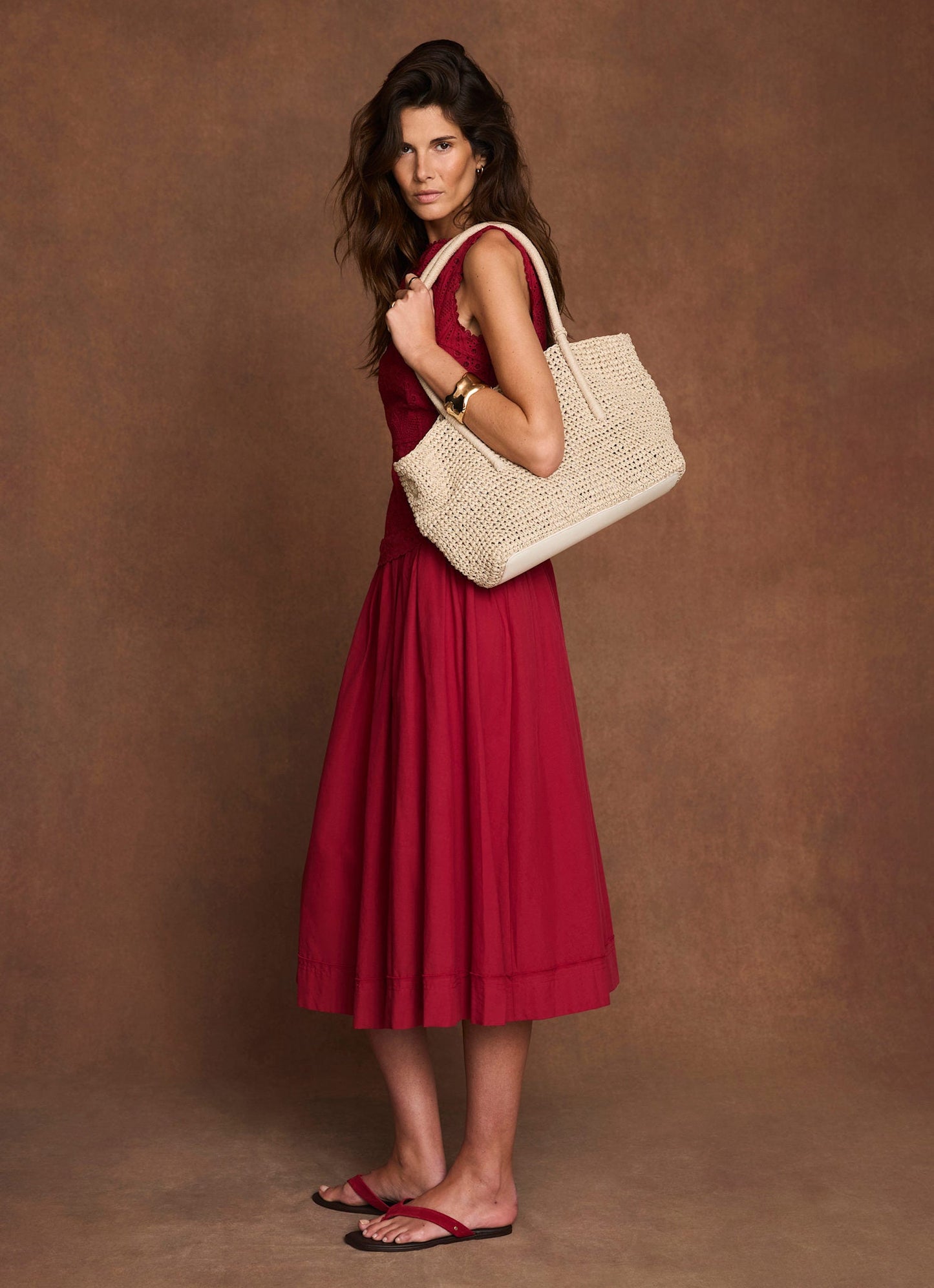 Red Cotton Broderie Midi Dress