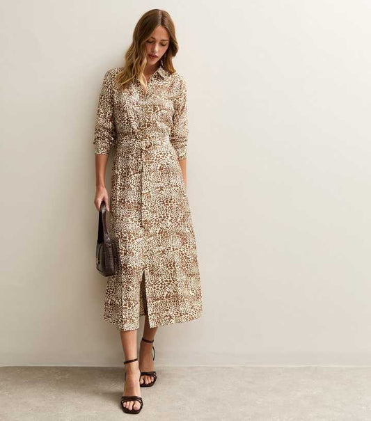 Brown Animal Print Belted Midi Shirt Dress