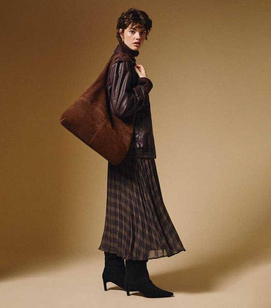 Brown Check Chiffon Pleated Midi Skirt