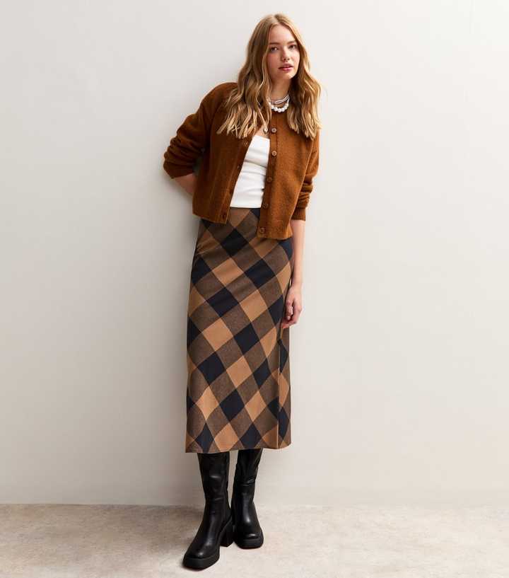 Brown Check Midi Skirt