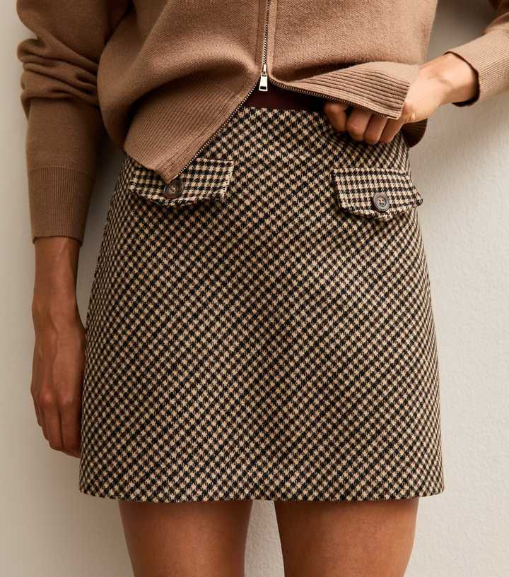 Brown Check Pattern A-line Mini Skirt