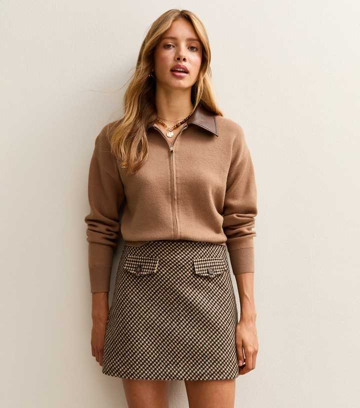 Brown Check Pattern A-line Mini Skirt