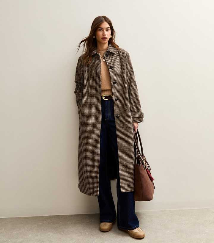 Brown Checked Belted Longline Coat