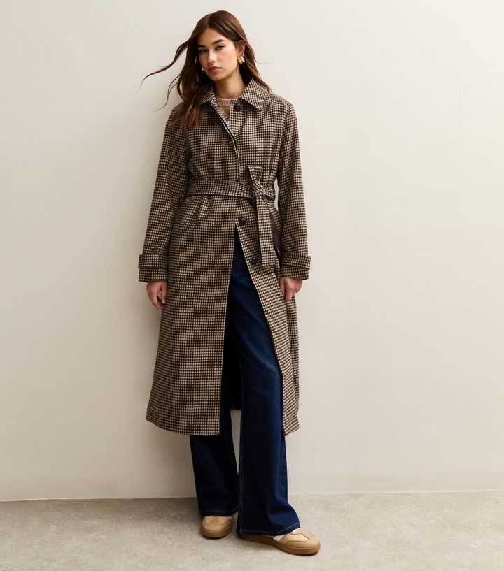 Brown Checked Belted Longline Coat