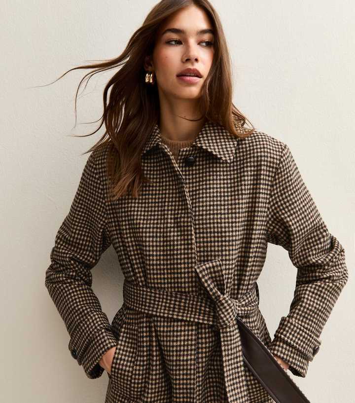 Brown Checked Belted Longline Coat