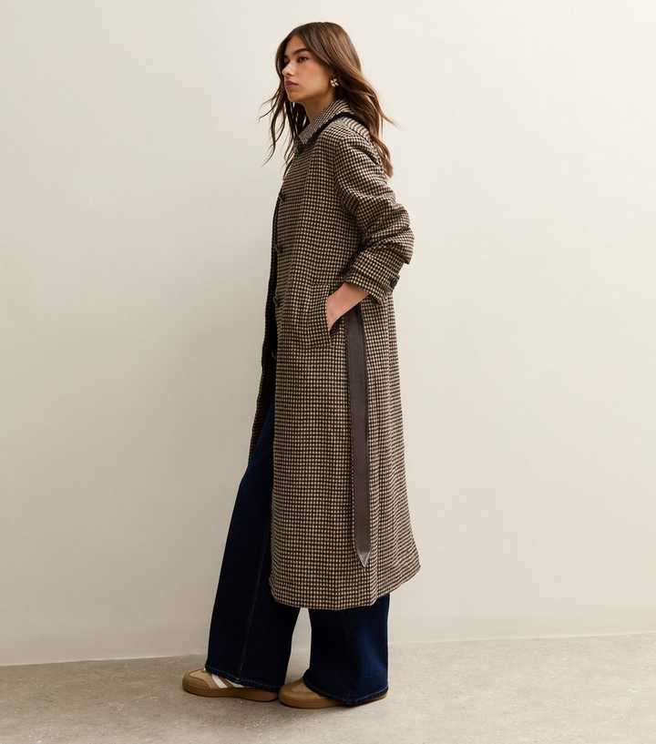 Brown Checked Belted Longline Coat