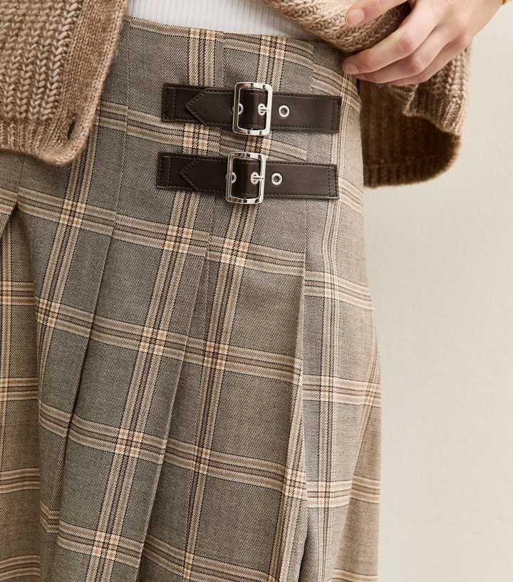Brown Checked Buckle Trim Midi Skirt