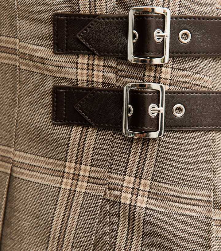 Brown Checked Buckle Trim Midi Skirt