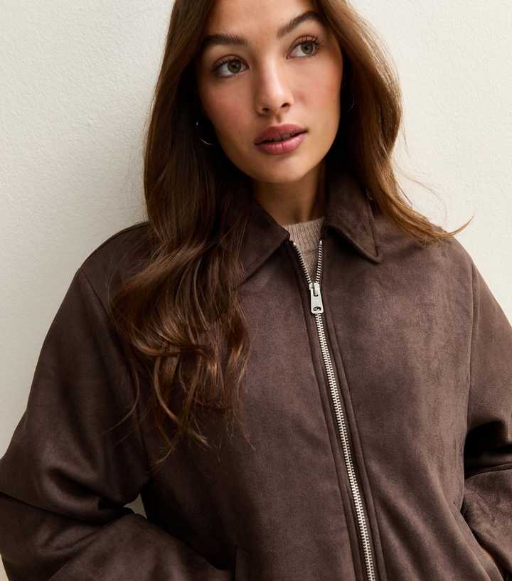 Brown Faux Suede Bubblehem Bomber Jacket